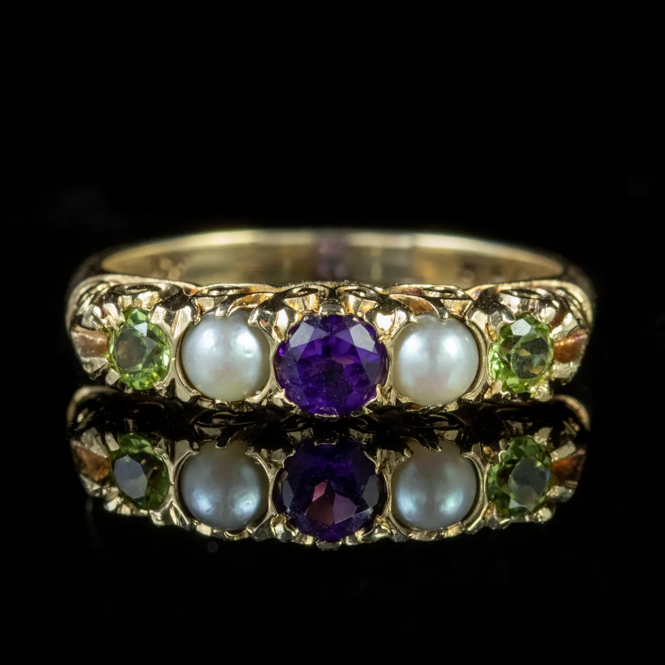 Antique Edwardian Suffragette Gold Ring Amethyst Pearl Peridot Circa 1900