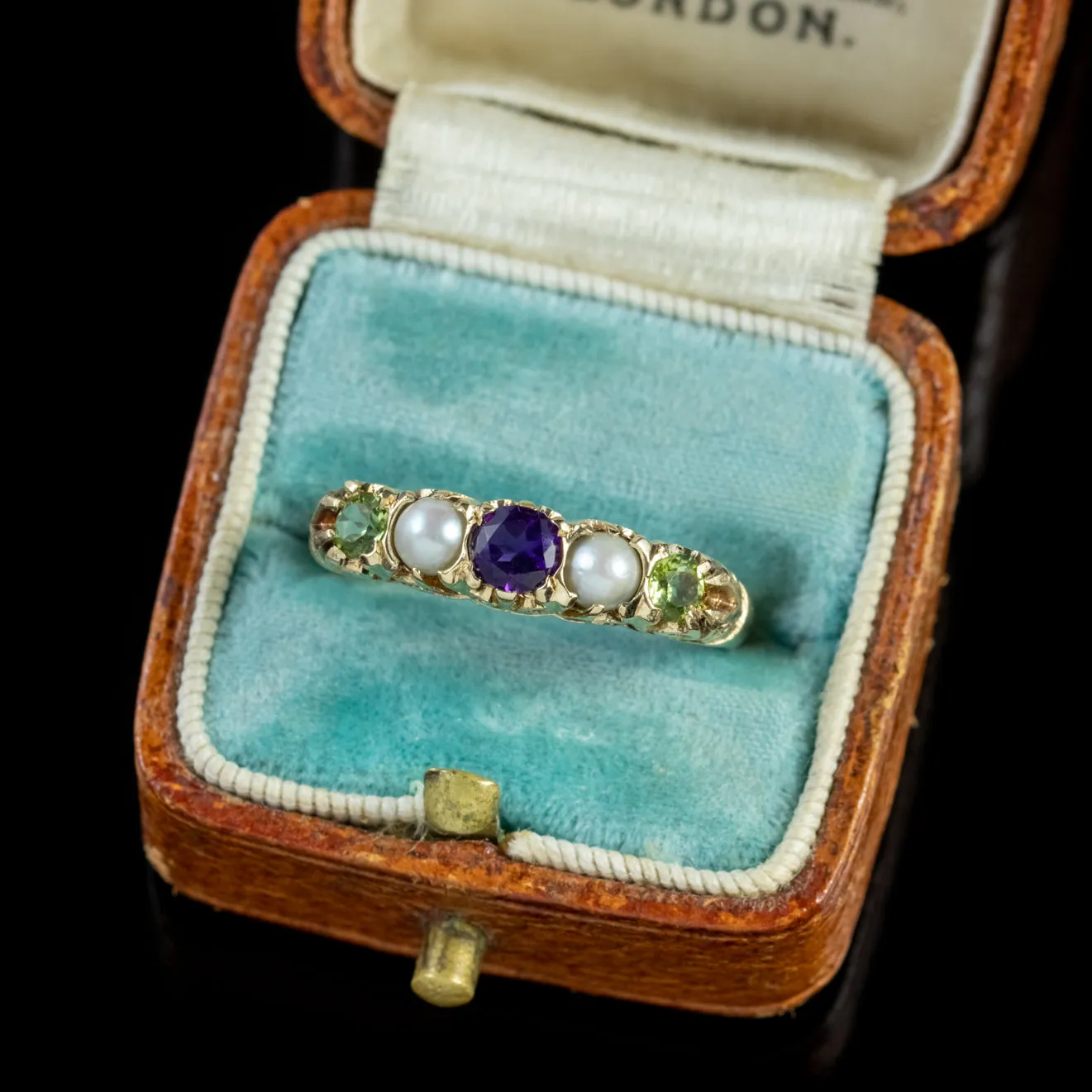 Antique Edwardian Suffragette Gold Ring Amethyst Pearl Peridot Circa 1900