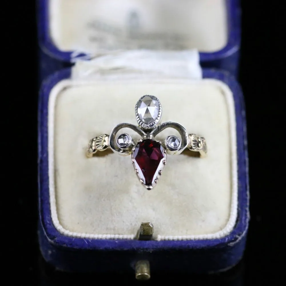 Antique Georgian Garnet Diamond Ring 18Ct Gold Fleur De Lis