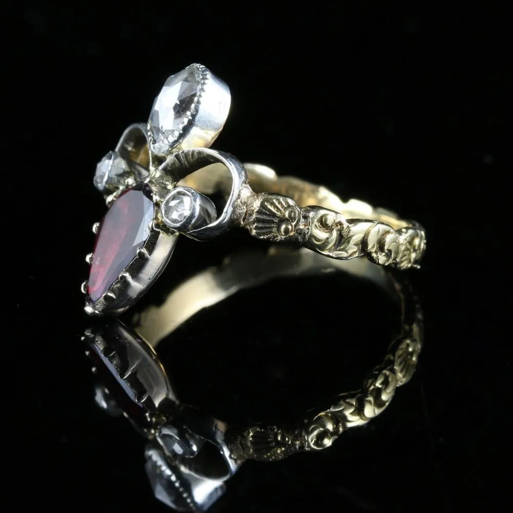 Antique Georgian Garnet Diamond Ring 18Ct Gold Fleur De Lis