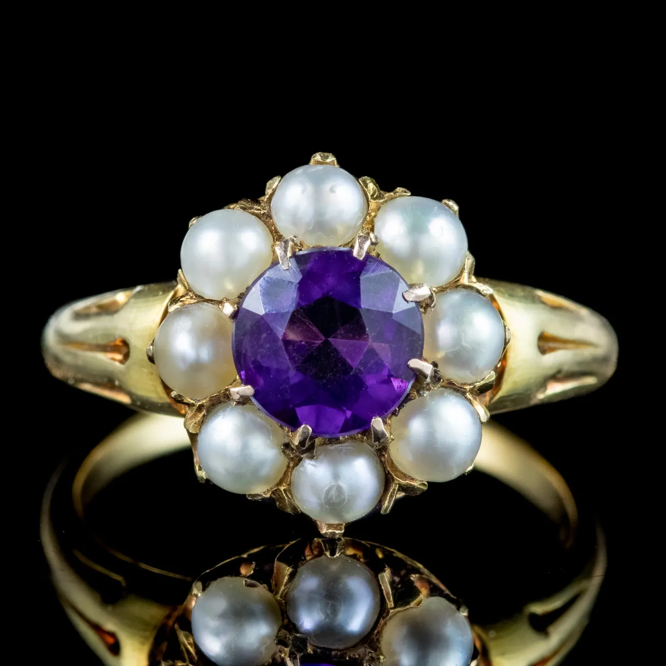 Antique Victorian Amethyst Pearl Cluster Ring 1.2ct Amethyst