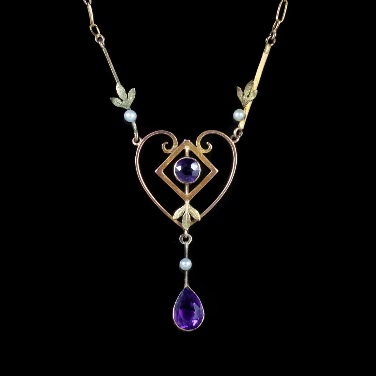 Antique Victorian Amethyst Pearl Pendant Necklace 9Ct Gold Circa 1900