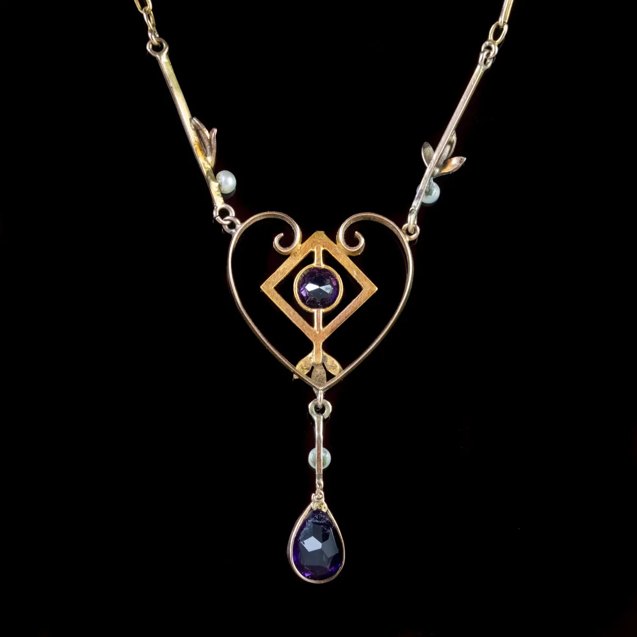 Antique Victorian Amethyst Pearl Pendant Necklace 9Ct Gold Circa 1900