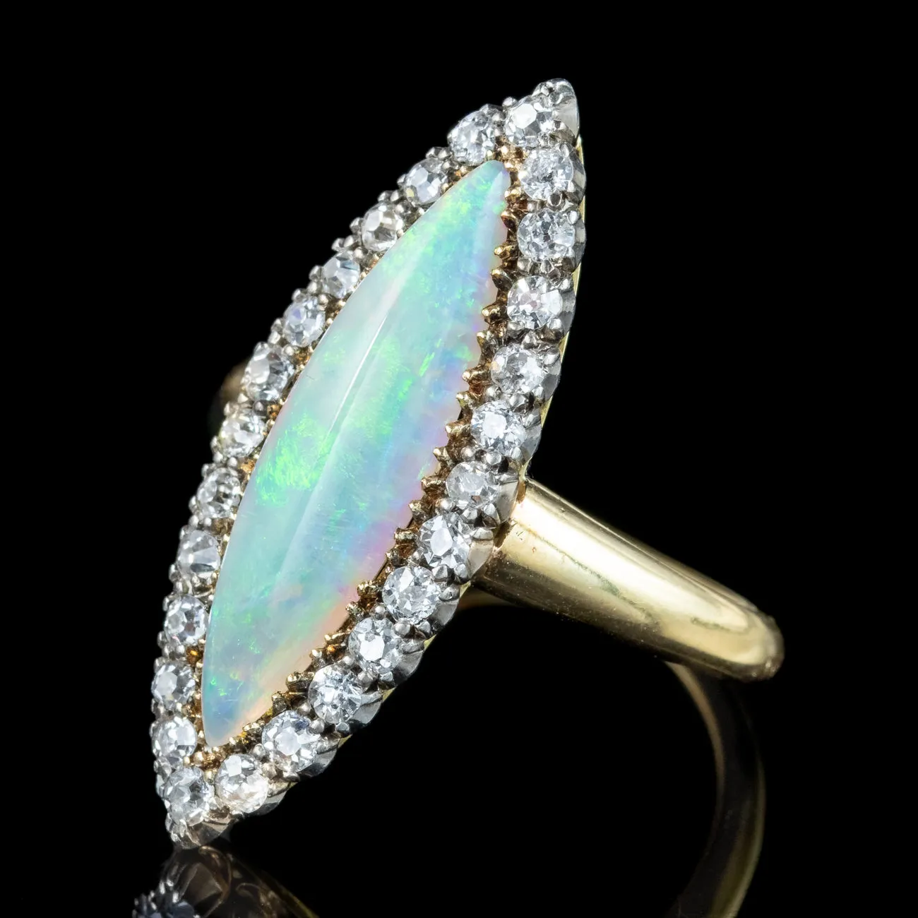 Antique Victorian Opal Diamond Navette Cluster Ring 2.3ct Opal