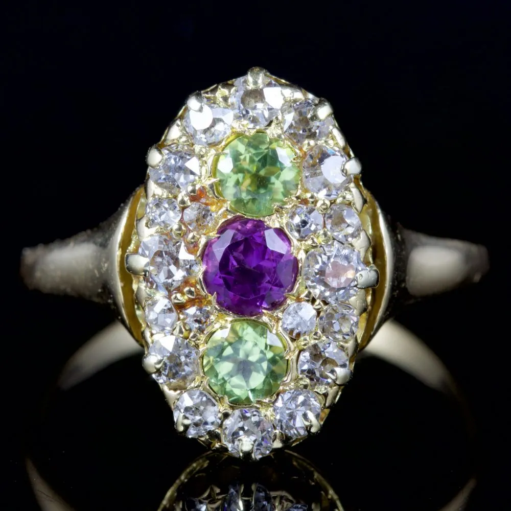 Antique Victorian Suffragette Peridot Amethyst Diamond Ring 18Ct Circa 1900