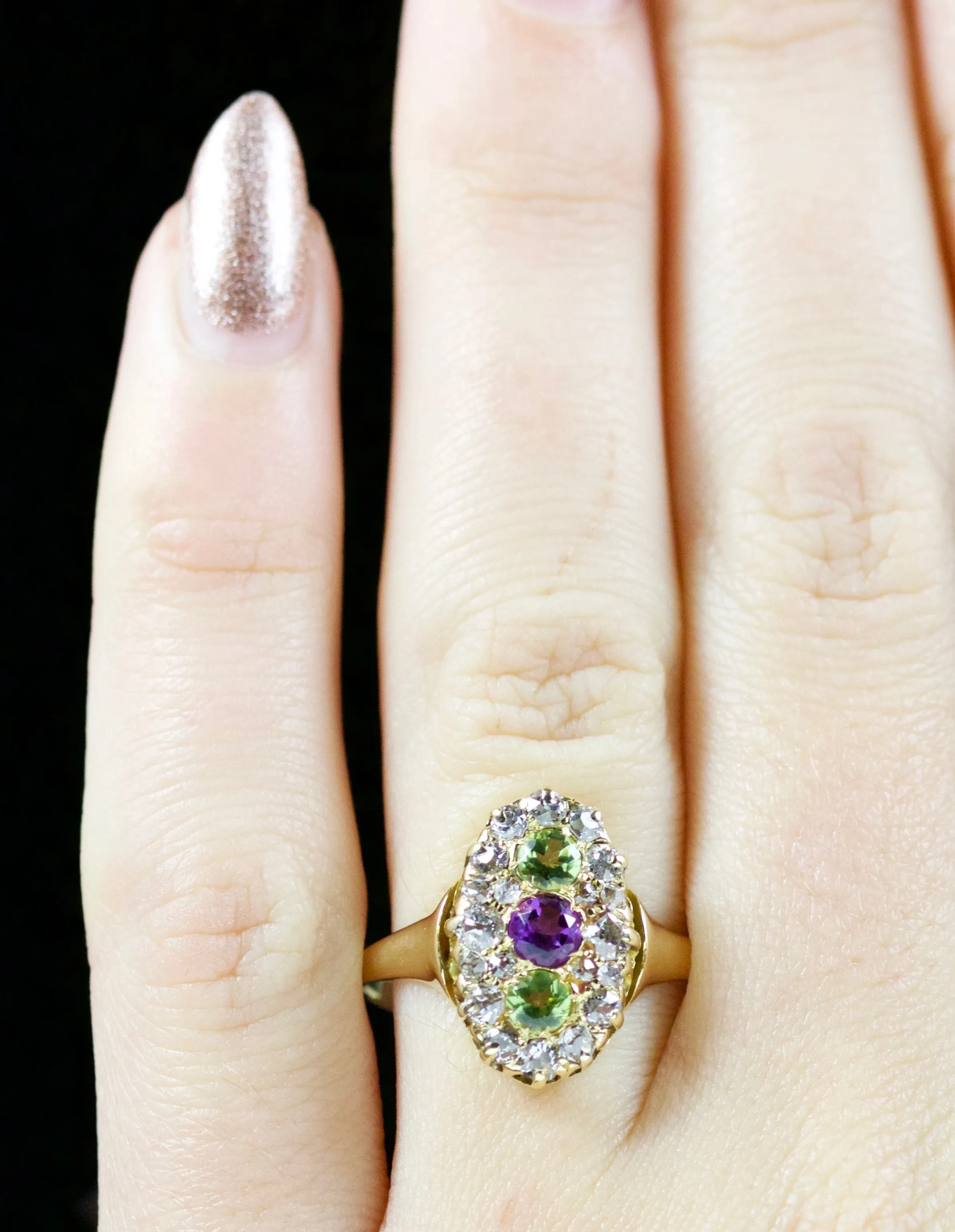 Antique Victorian Suffragette Peridot Amethyst Diamond Ring 18Ct Circa 1900