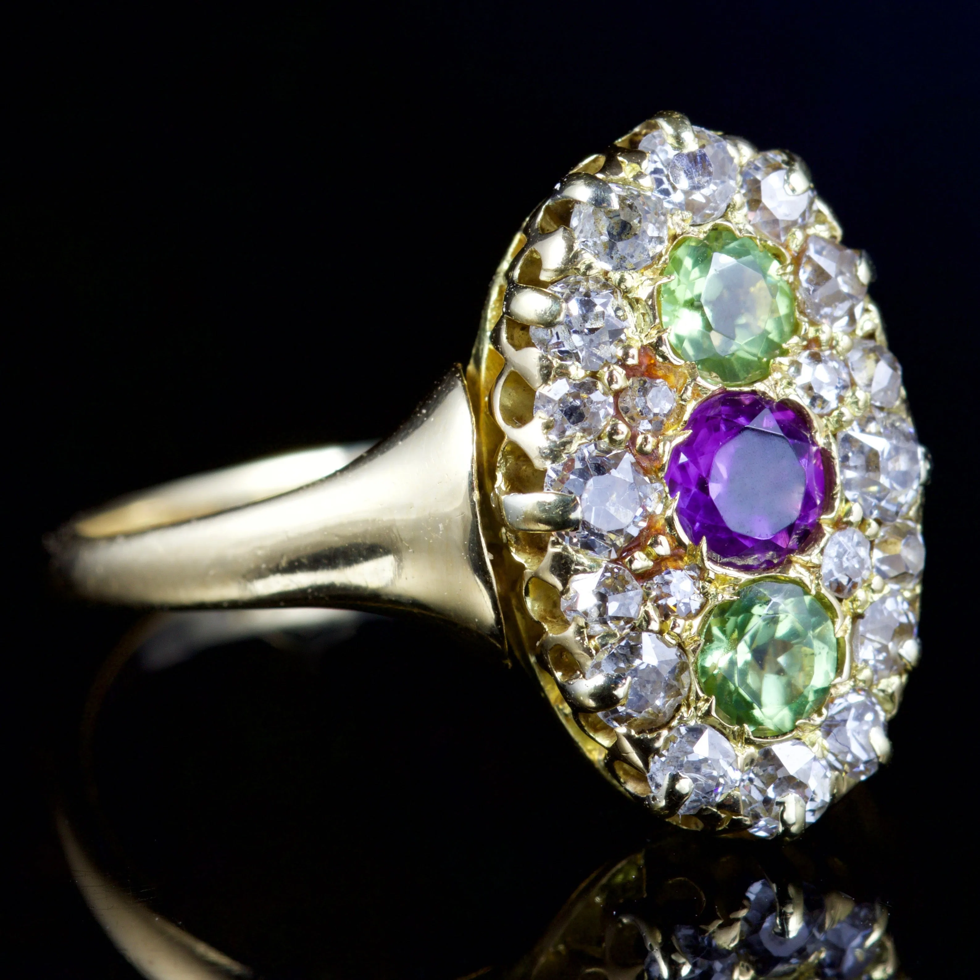 Antique Victorian Suffragette Peridot Amethyst Diamond Ring 18Ct Circa 1900