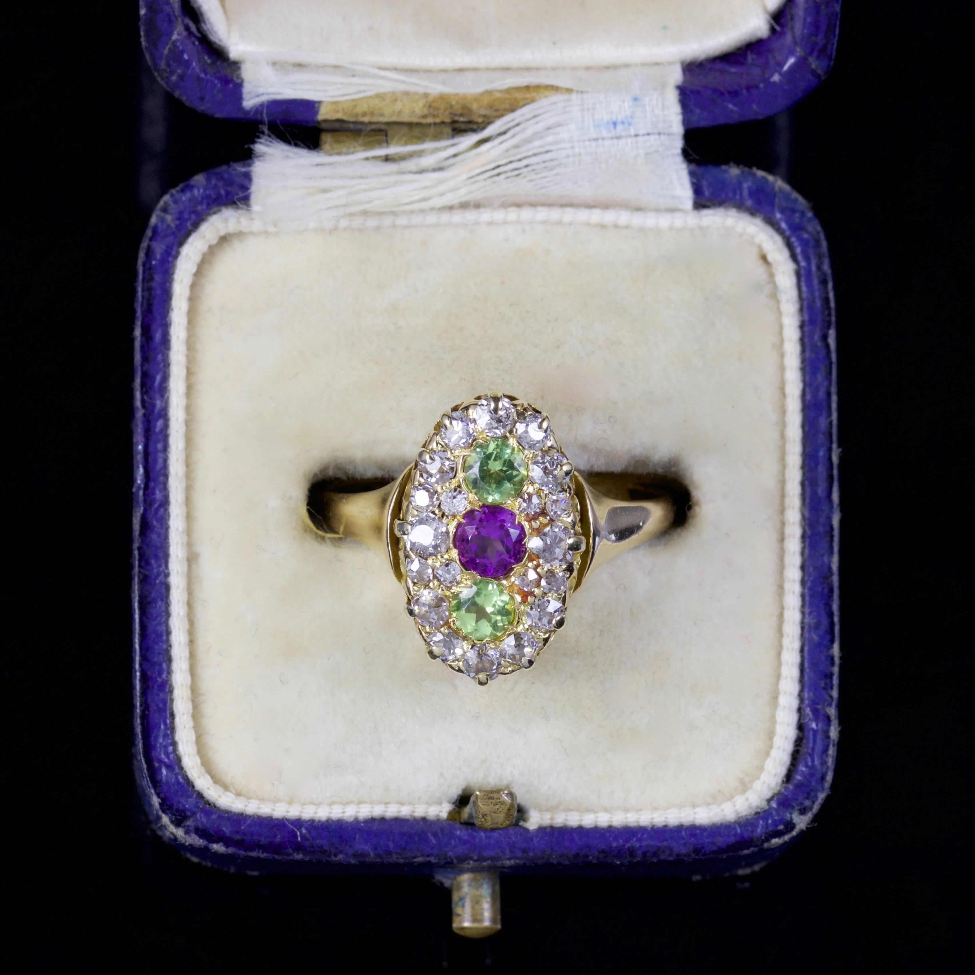 Antique Victorian Suffragette Peridot Amethyst Diamond Ring 18Ct Circa 1900