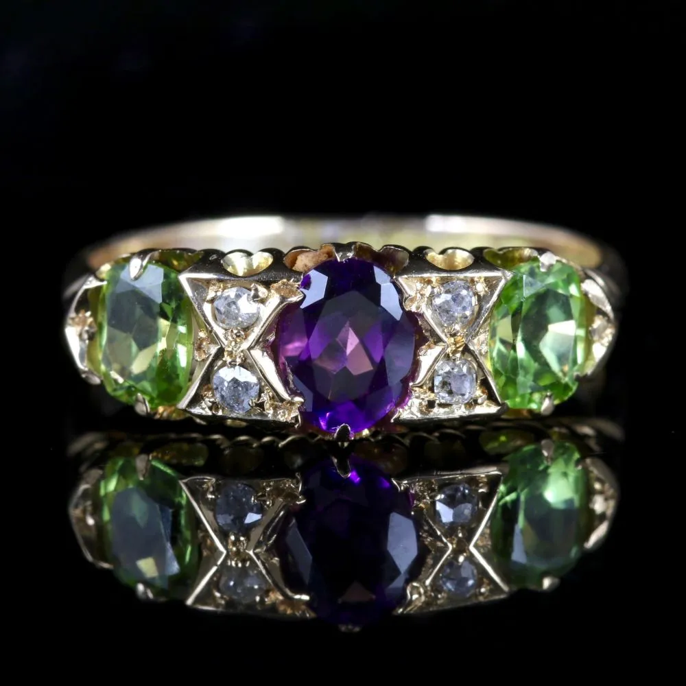 Antique Victorian Suffragette Ring 18Ct Diamond Amethyst Peridot Circa 1900