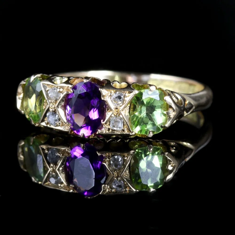 Antique Victorian Suffragette Ring 18Ct Diamond Amethyst Peridot Circa 1900