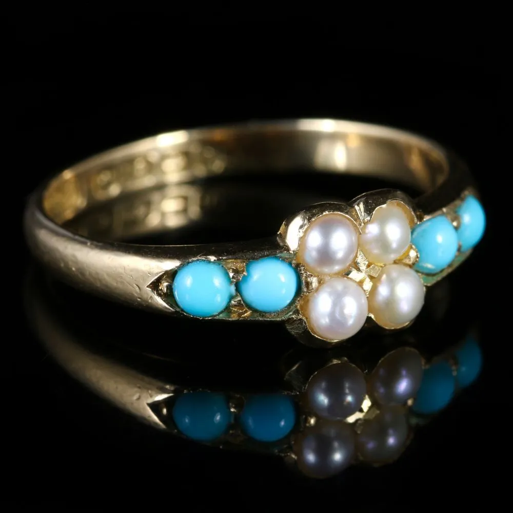 Antique Victorian Turquoise And Pearl Ring 18Ct Dated Birmingham 1900