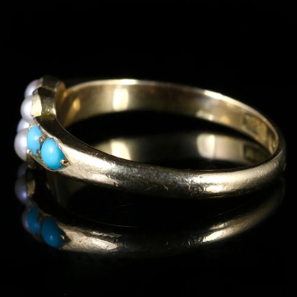 Antique Victorian Turquoise And Pearl Ring 18Ct Dated Birmingham 1900