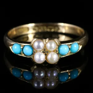 Antique Victorian Turquoise And Pearl Ring 18Ct Dated Birmingham 1900