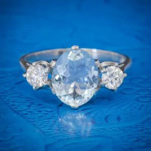 Aquamarine Diamond Trilogy Ring Platinum 3Ct Aqua 0.50Ct Diamond