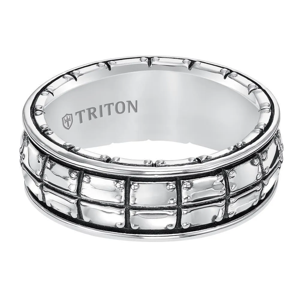 ARION Sterling Silver Wedding Band with Riveted Plate Design and Black Oxidation Finish by Triton Rings - 8 mm