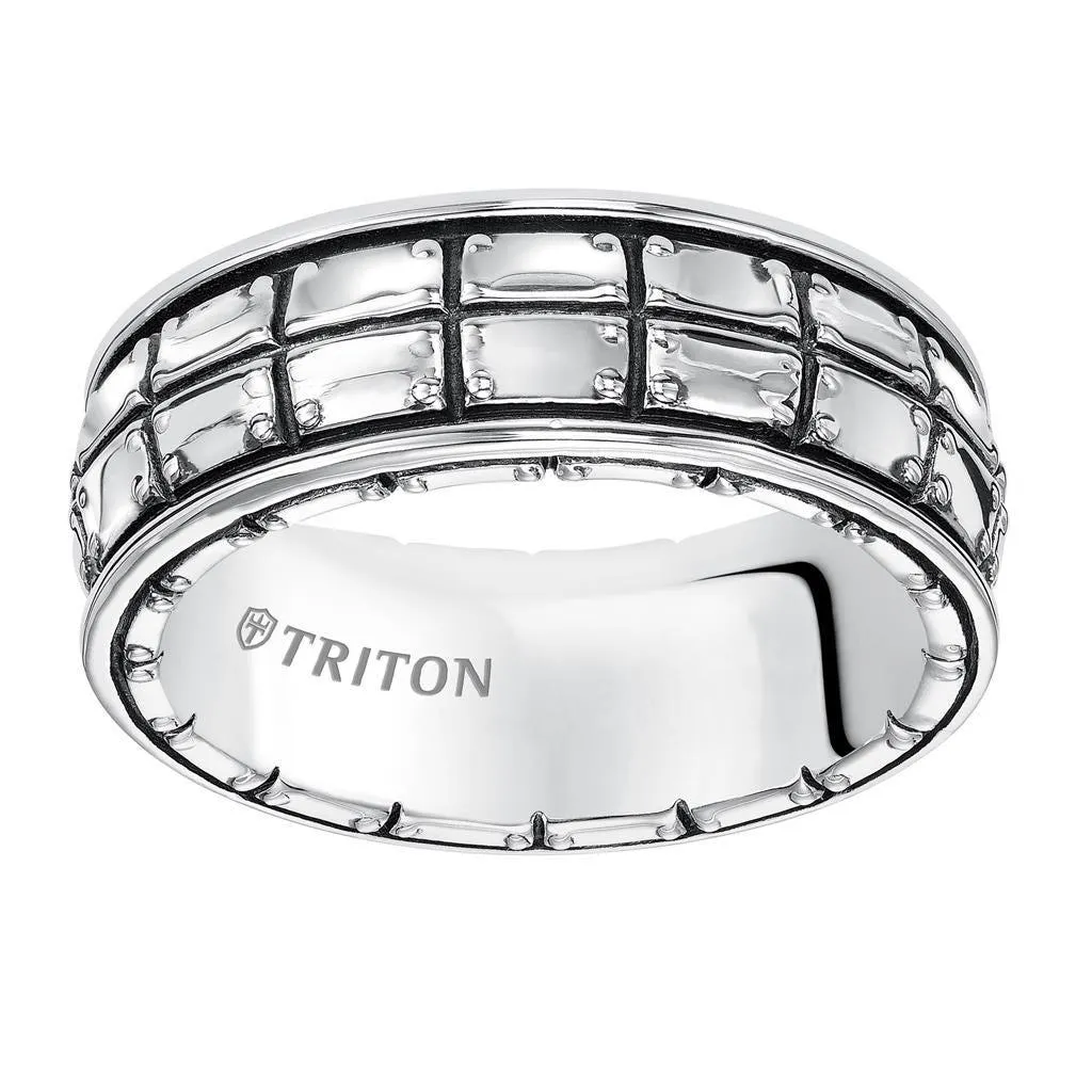 ARION Sterling Silver Wedding Band with Riveted Plate Design and Black Oxidation Finish by Triton Rings - 8 mm