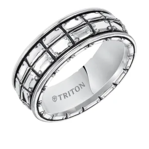 ARION Sterling Silver Wedding Band with Riveted Plate Design and Black Oxidation Finish by Triton Rings - 8 mm