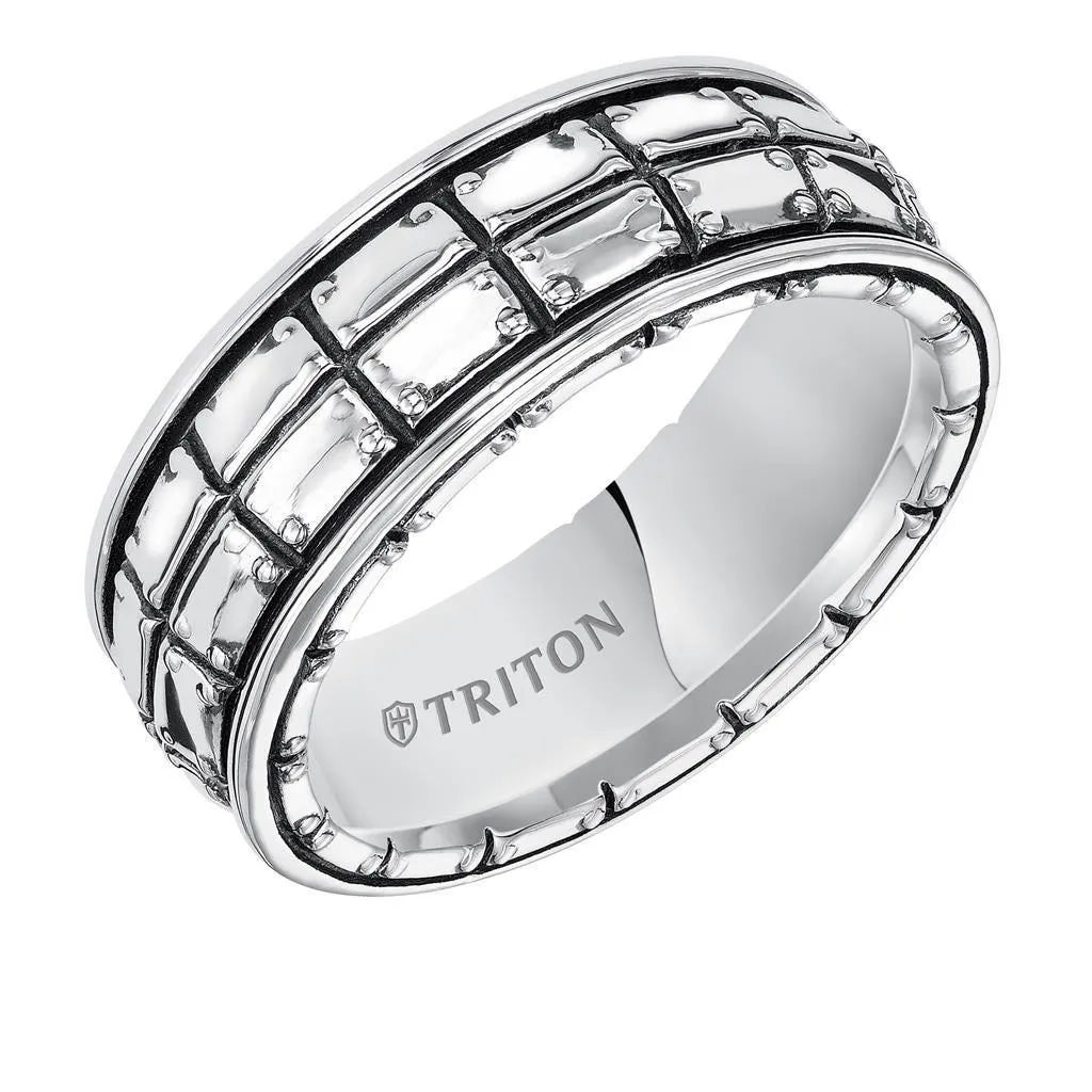 ARION Sterling Silver Wedding Band with Riveted Plate Design and Black Oxidation Finish by Triton Rings - 8 mm