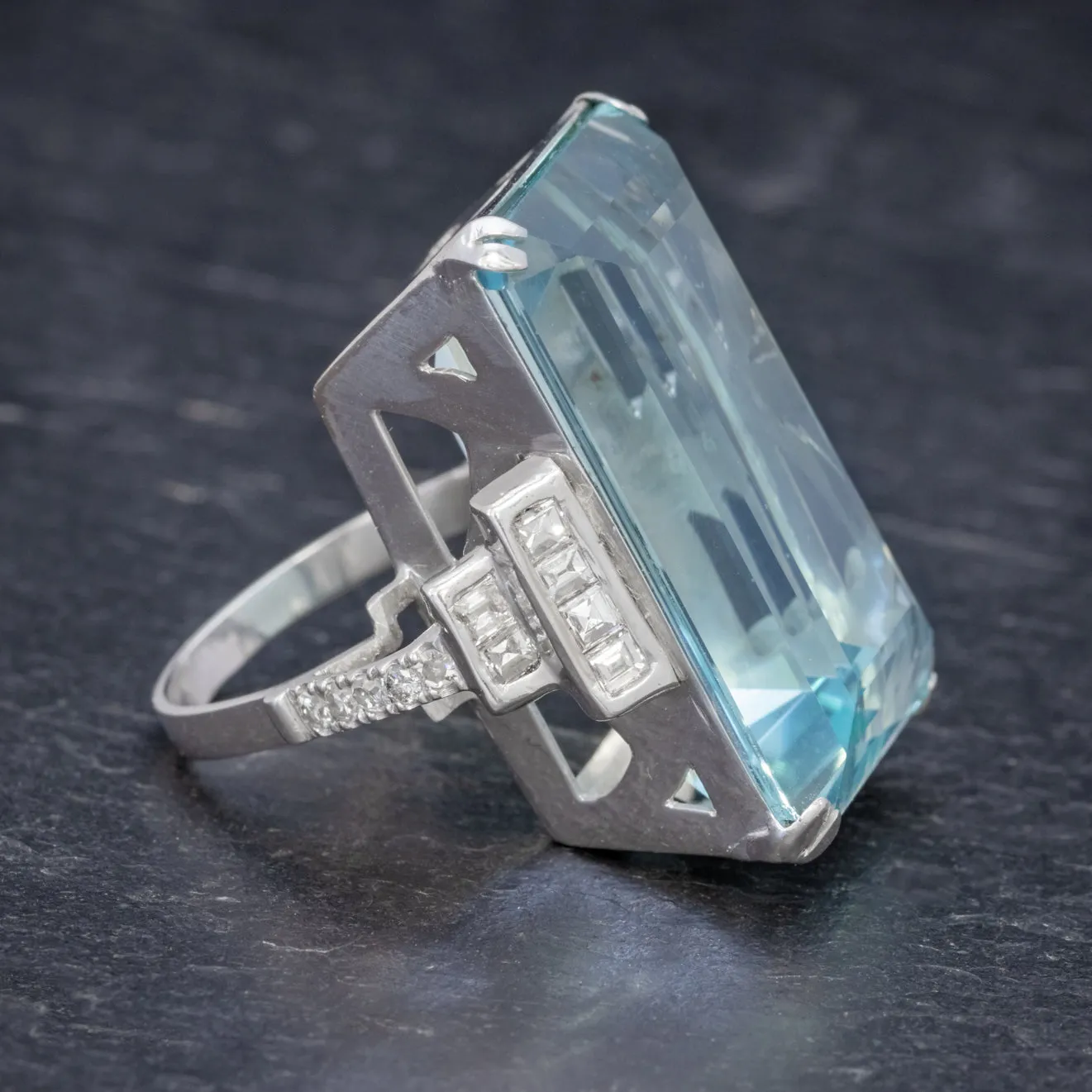 Art Deco French 56Ct Aquamarine Diamond Ring Platinum Circa 1930