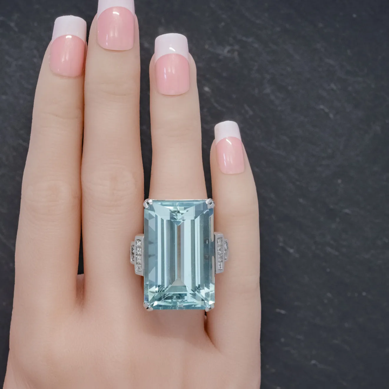 Art Deco French 56Ct Aquamarine Diamond Ring Platinum Circa 1930