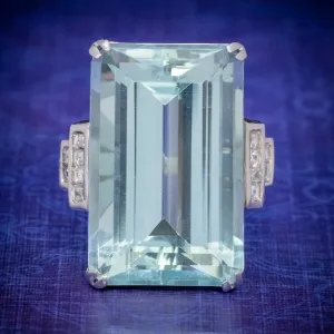 Art Deco French 56Ct Aquamarine Diamond Ring Platinum Circa 1930