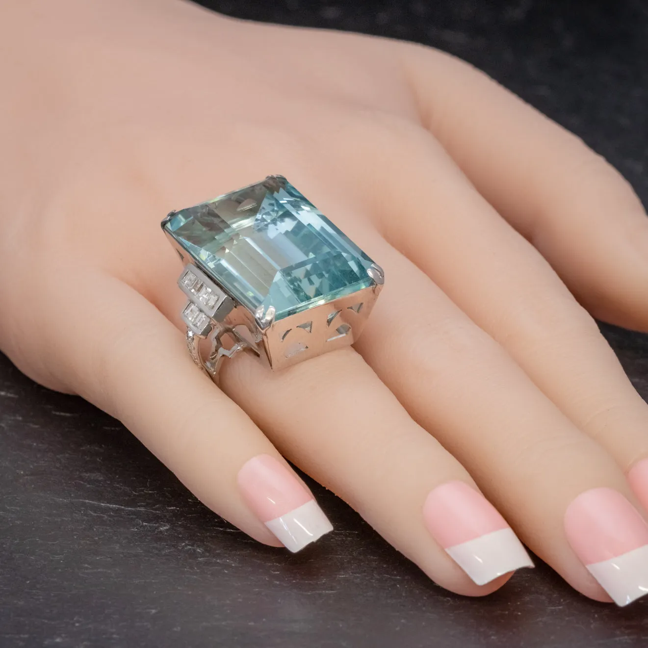 Art Deco French 56Ct Aquamarine Diamond Ring Platinum Circa 1930