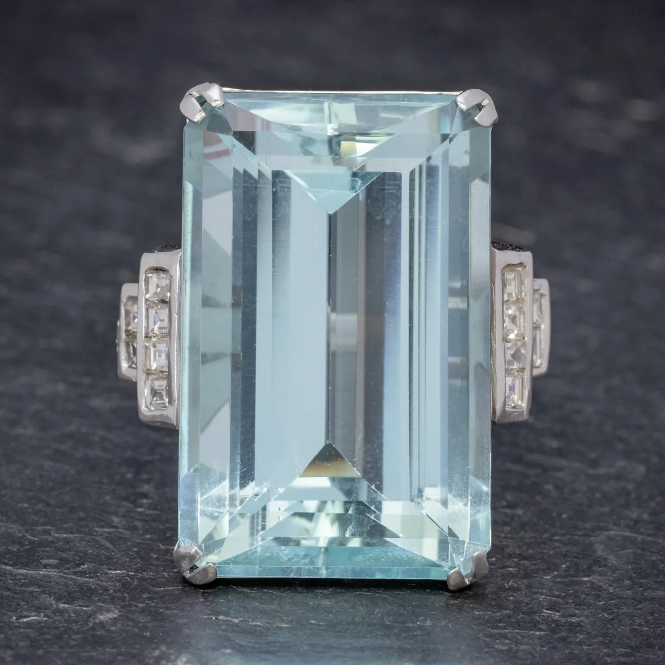 Art Deco French 56Ct Aquamarine Diamond Ring Platinum Circa 1930