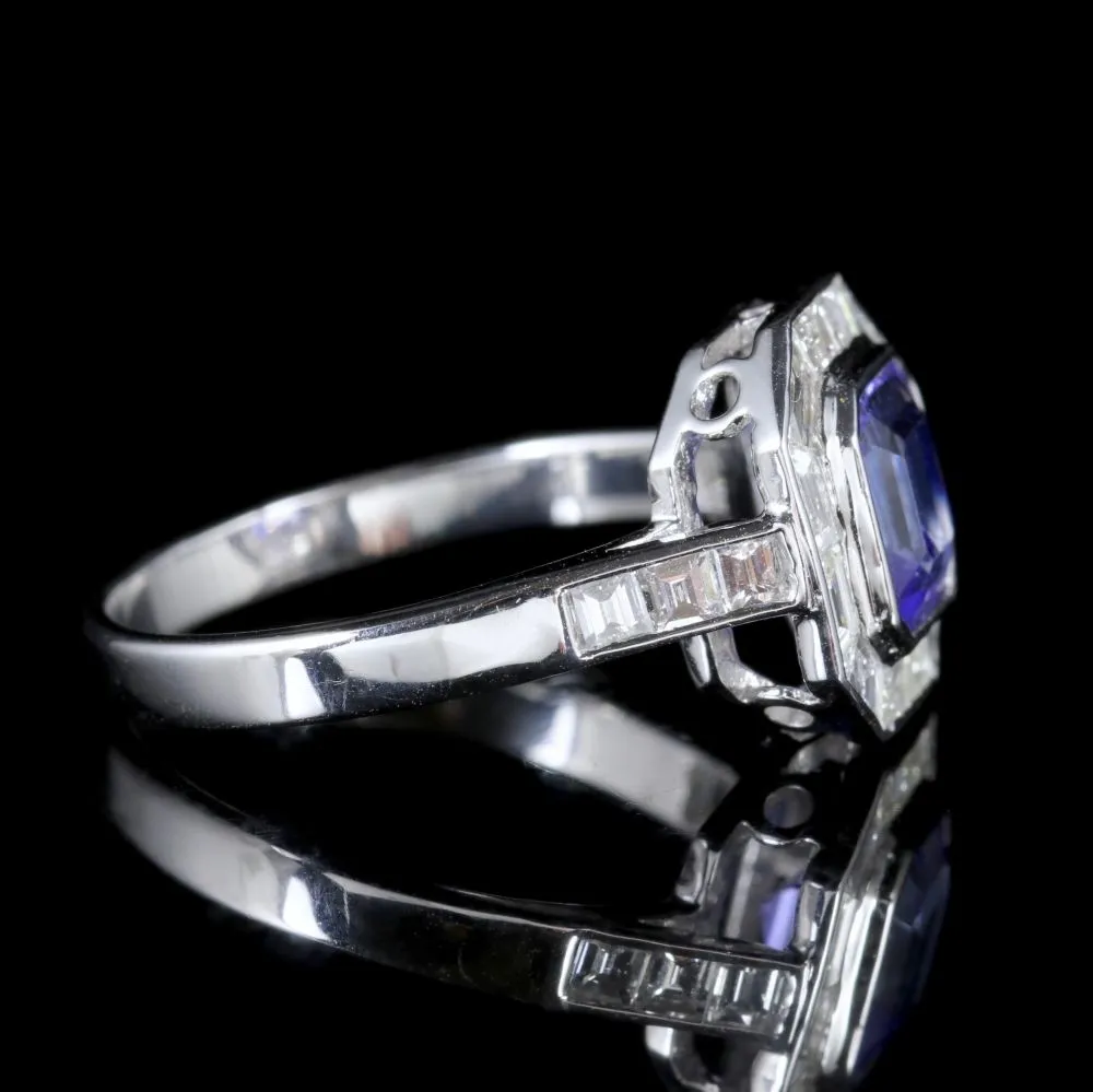 Art Deco Style Tanzanite Diamond Ring 18Ct White Gold 1.70Ct Tanzanite