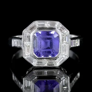 Art Deco Style Tanzanite Diamond Ring 18Ct White Gold 1.70Ct Tanzanite