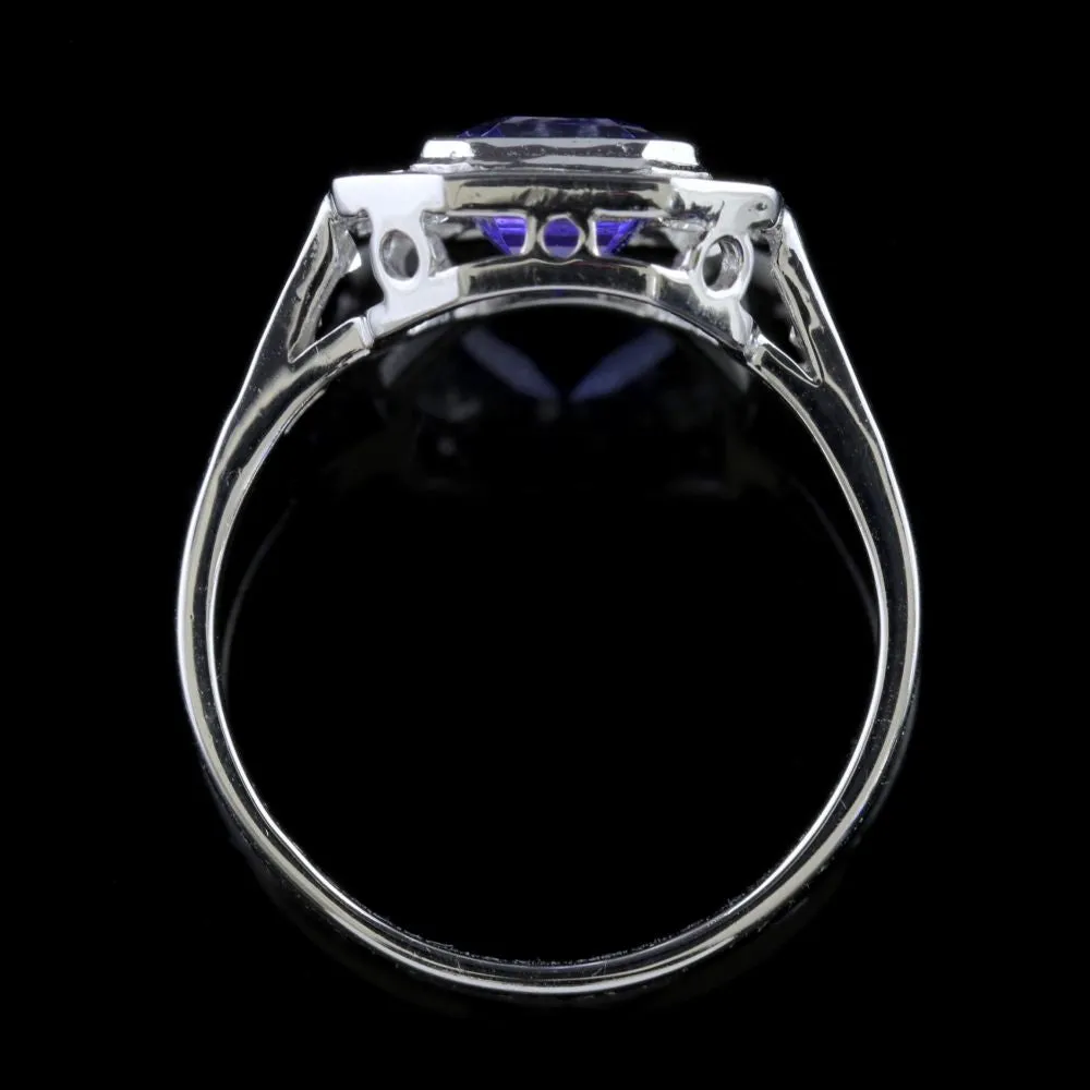 Art Deco Style Tanzanite Diamond Ring 18Ct White Gold 1.70Ct Tanzanite