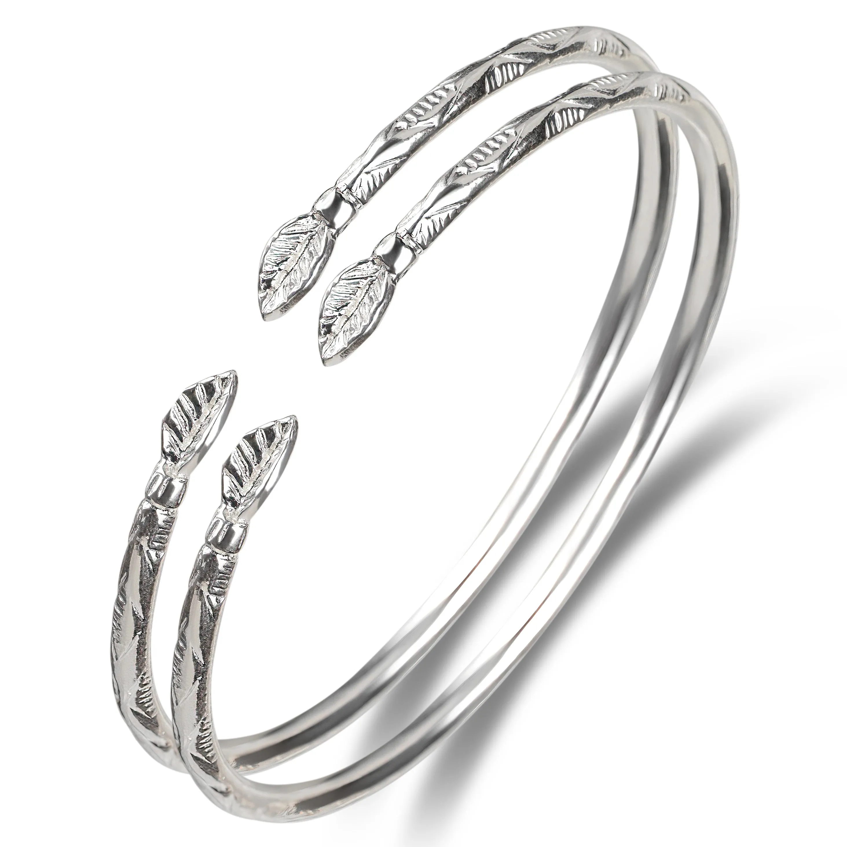 Better Jewelry Leaf .925 Sterling Silver West Indian Bangles, 1 pair