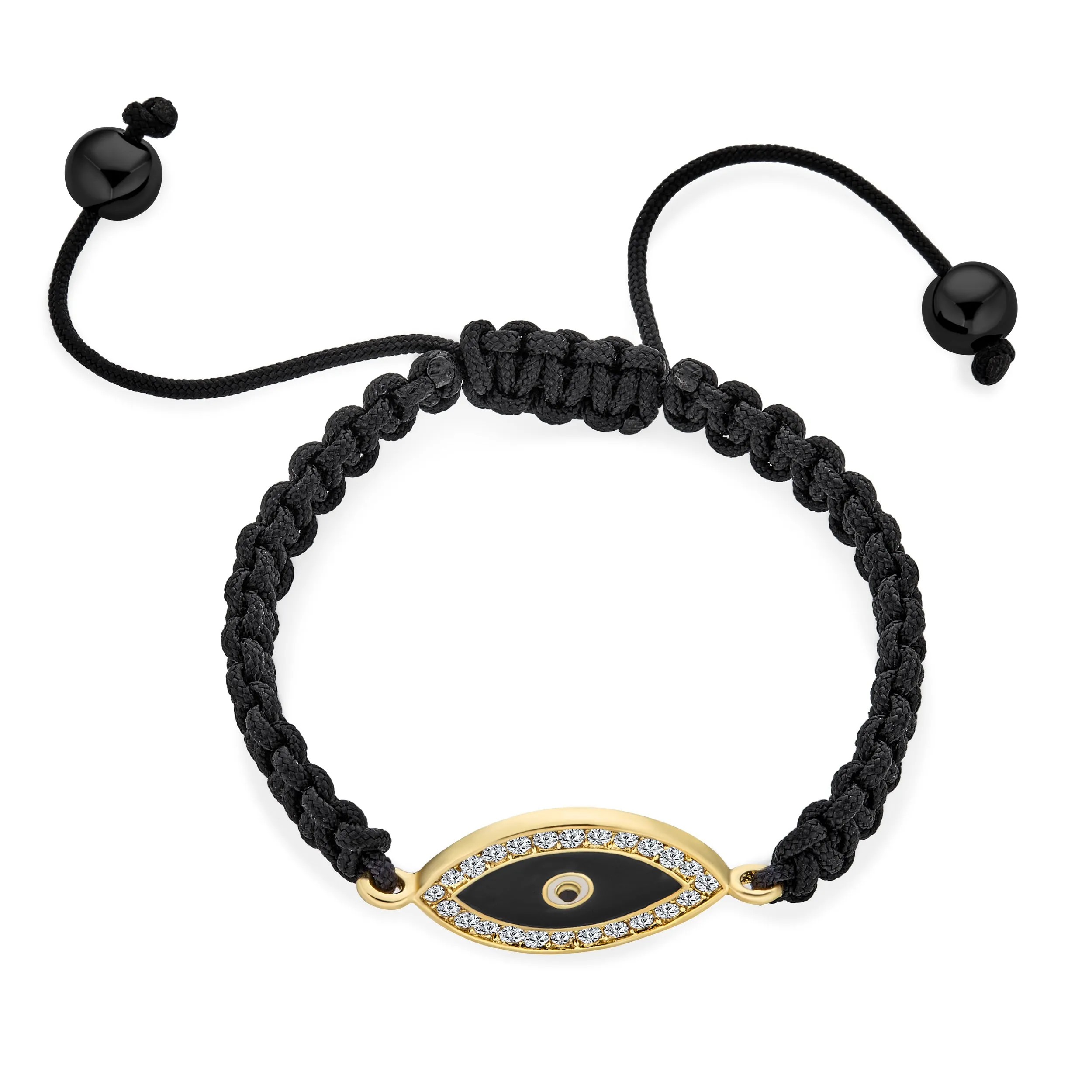 Black Braided Cord Strand Bracelet with Evil Eye Crystal Accent Gold Plated Charm