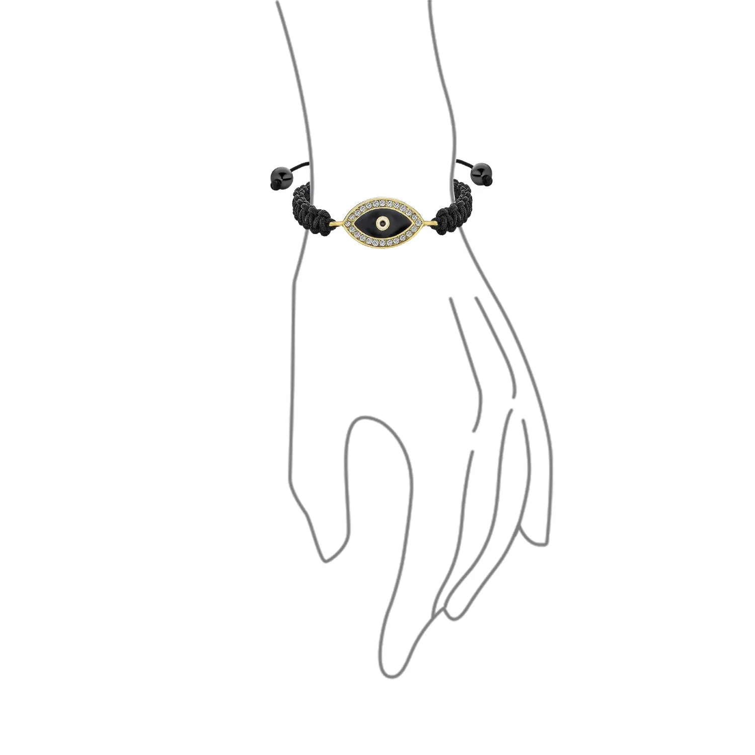 Black Braided Cord Strand Bracelet with Evil Eye Crystal Accent Gold Plated Charm