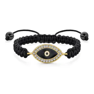 Black Braided Cord Strand Bracelet with Evil Eye Crystal Accent Gold Plated Charm