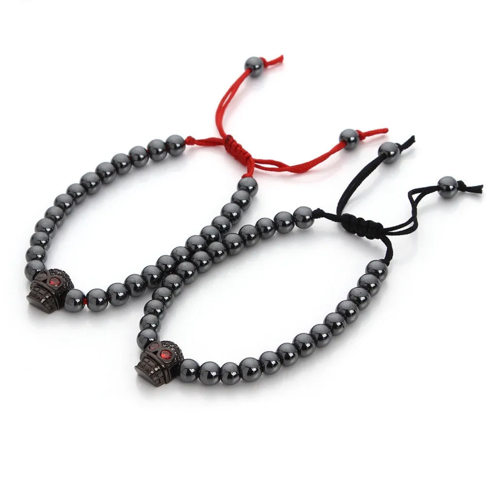 Black Hematite Stone Macrame Bead Bracelet Female Skull Charms Bracelet & Bangle For Womens Men Adjust Size