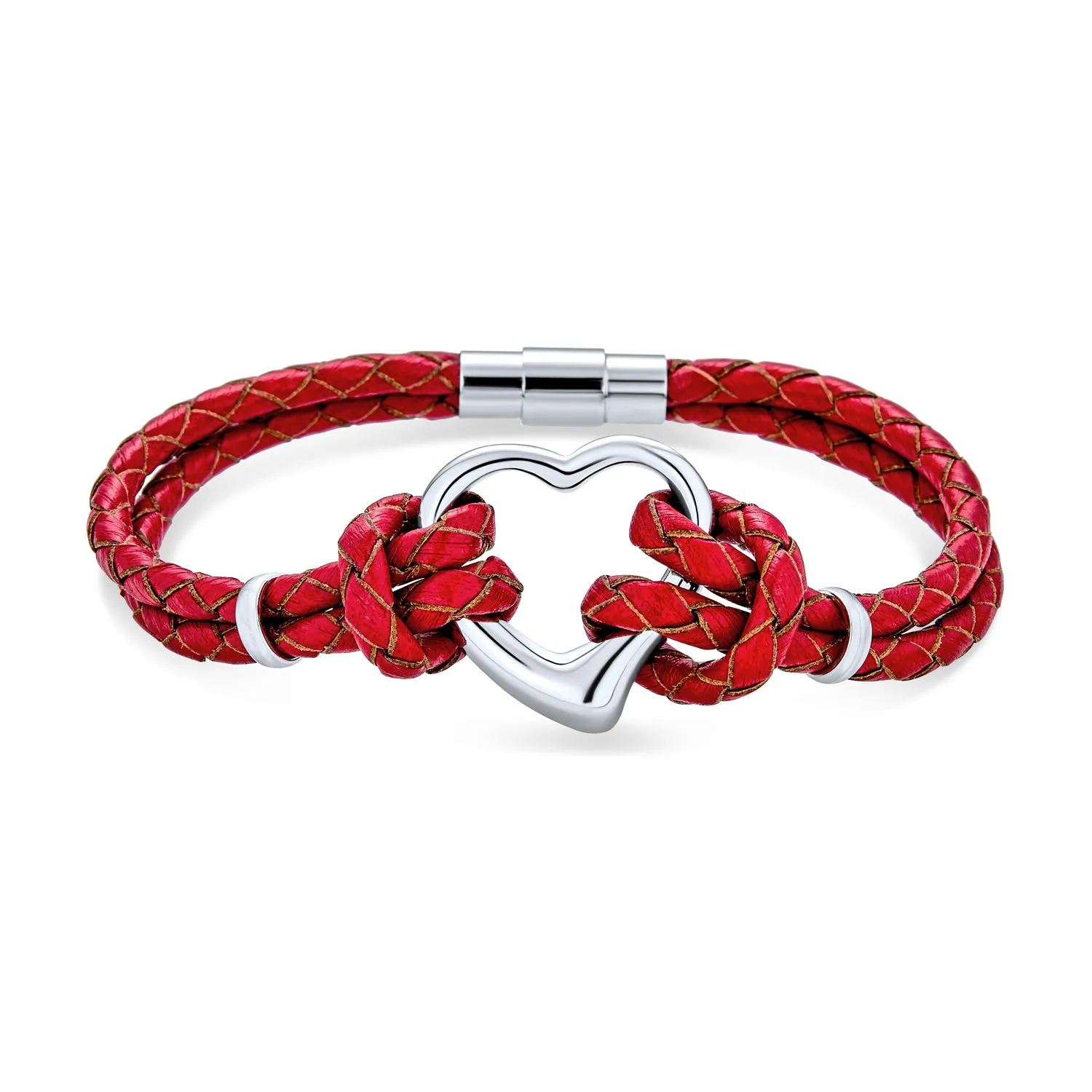 Black Red White Pink Heart Braided Cord Multi Strand Leather Bracelet Silver