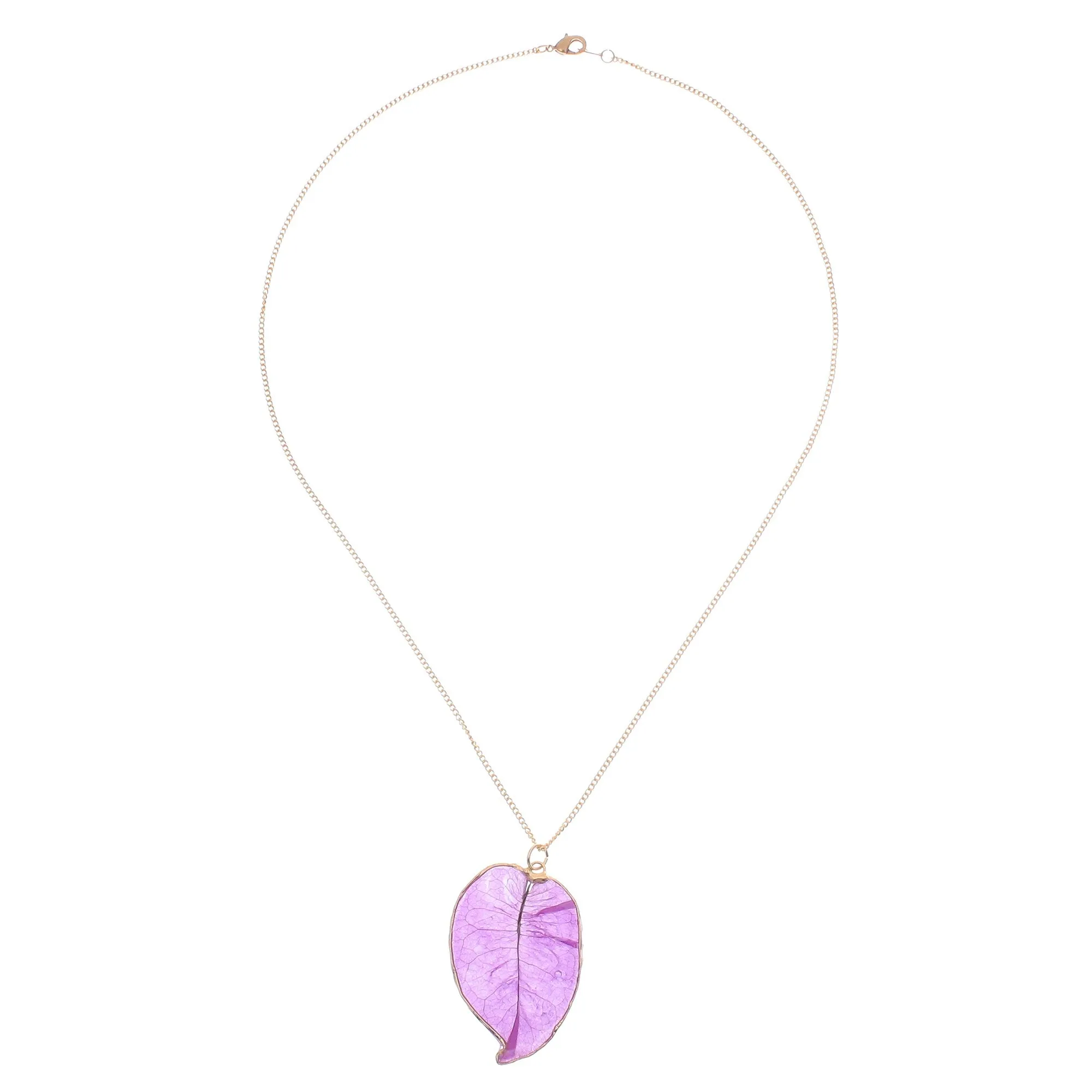 Bougainvillea Love in Purple Gold Accented Natural Flower Pendant Necklace in Purple