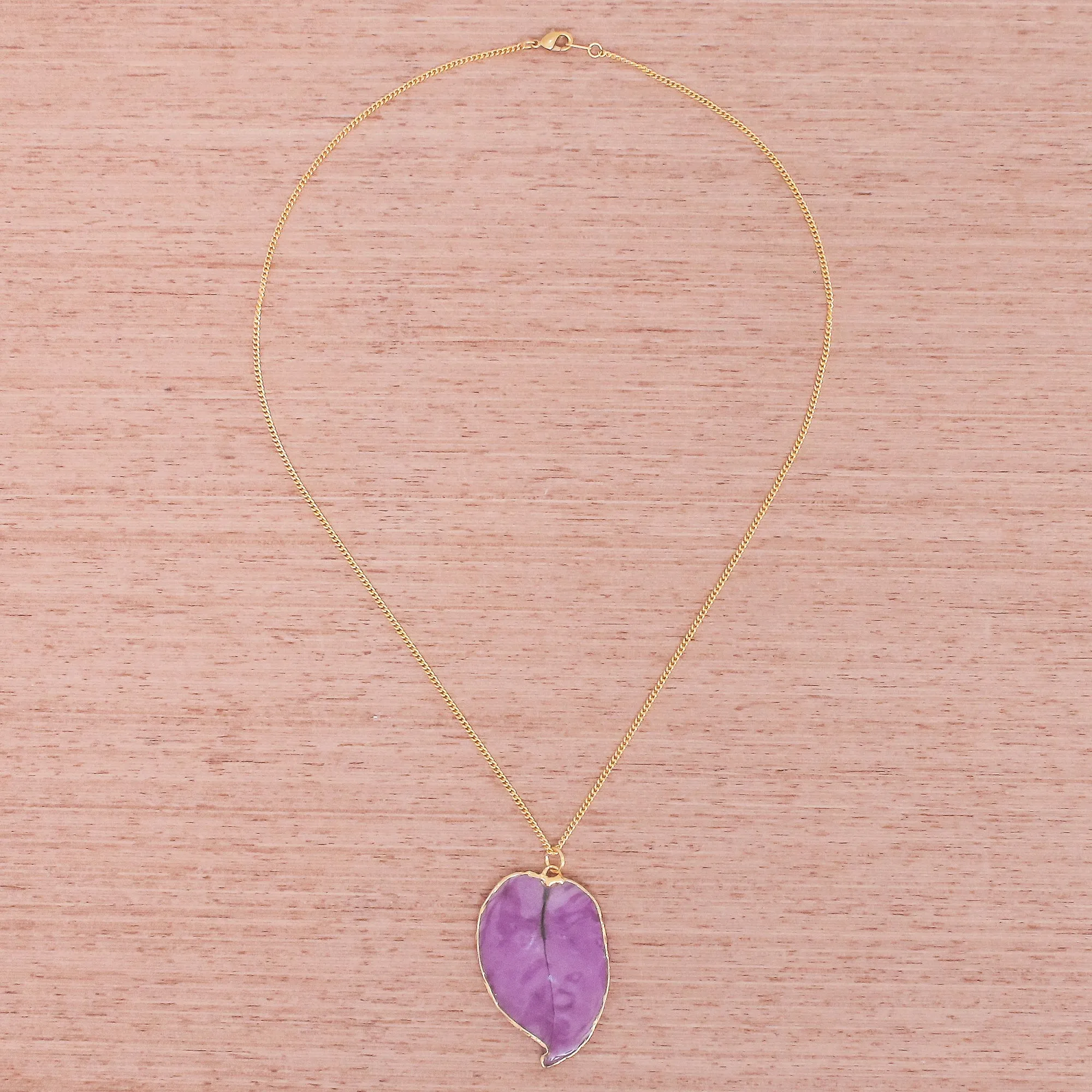 Bougainvillea Love in Purple Gold Accented Natural Flower Pendant Necklace in Purple