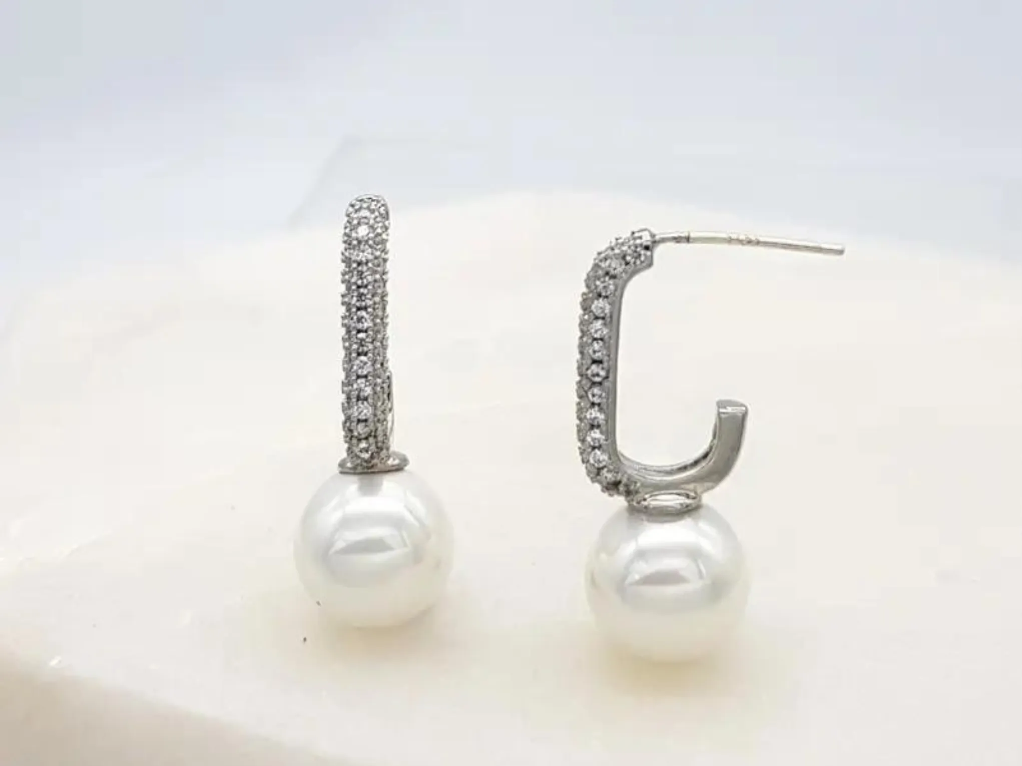 Charlie - Modern Pave Crystal Pearl Bridal Earrings