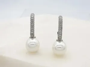 Charlie - Modern Pave Crystal Pearl Bridal Earrings