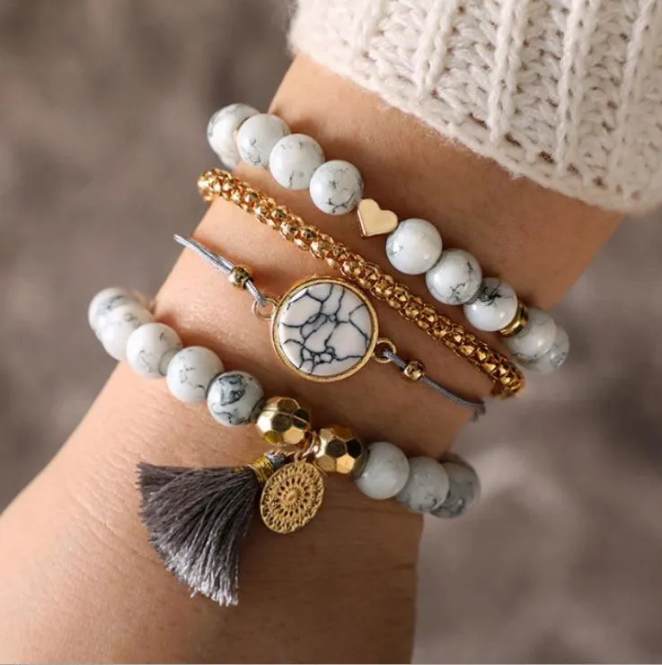 Chic Geometric Fringed Pine Stone Bracelet Set - 4 Pcs