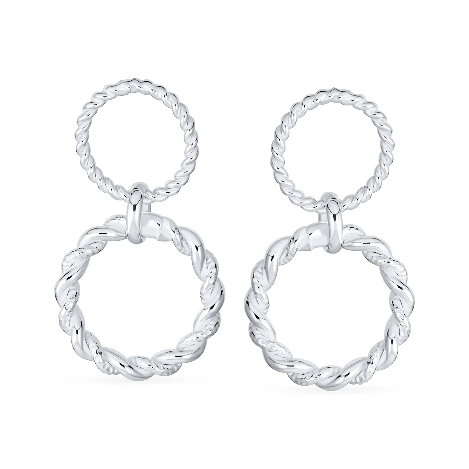 Classic Geometric Round Dangle Earrings Double Circle Knocker Sterling Silver