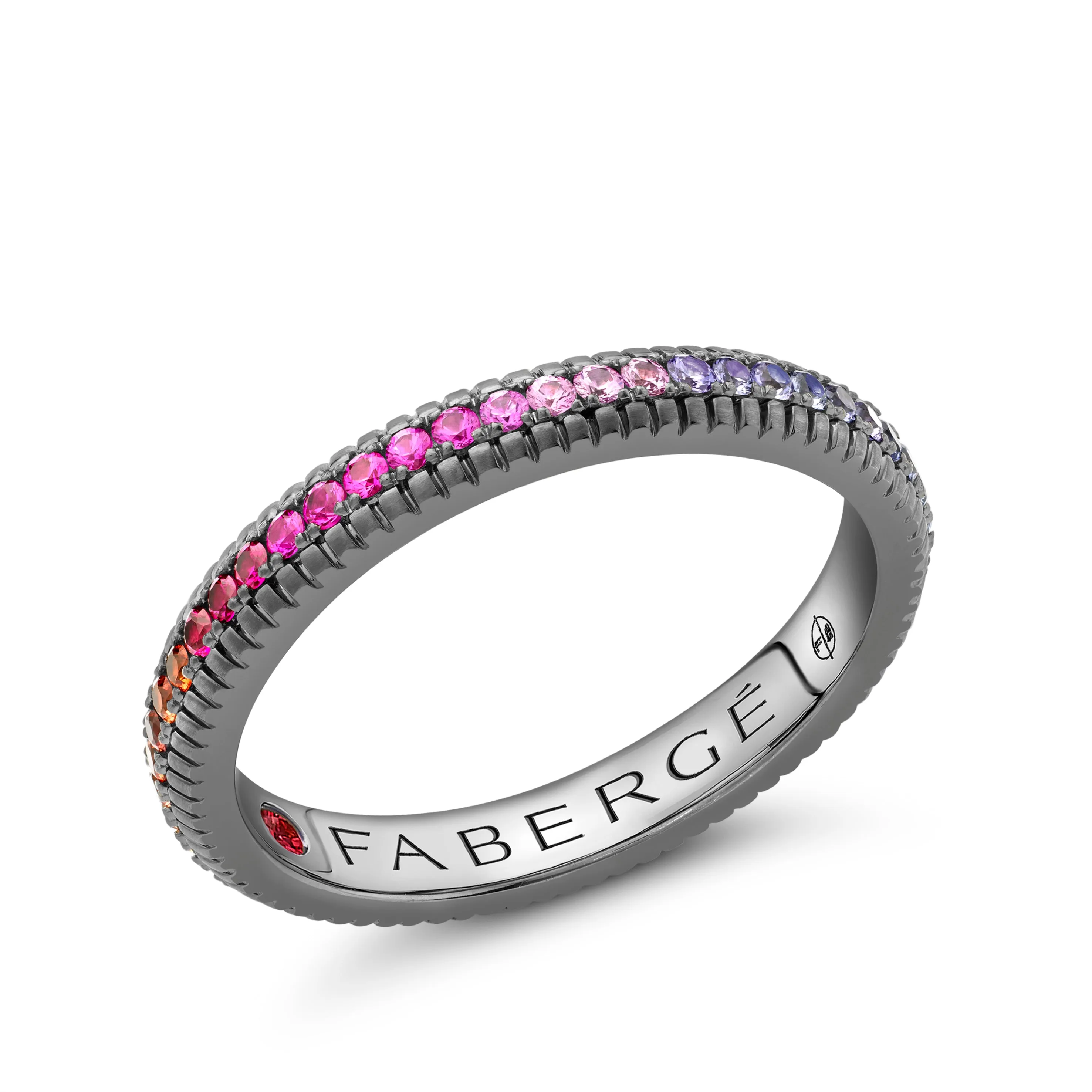 Colours of Love Black Rhodium Plated White Gold Rainbow Multicoloured Gemstone Set Fluted Ring