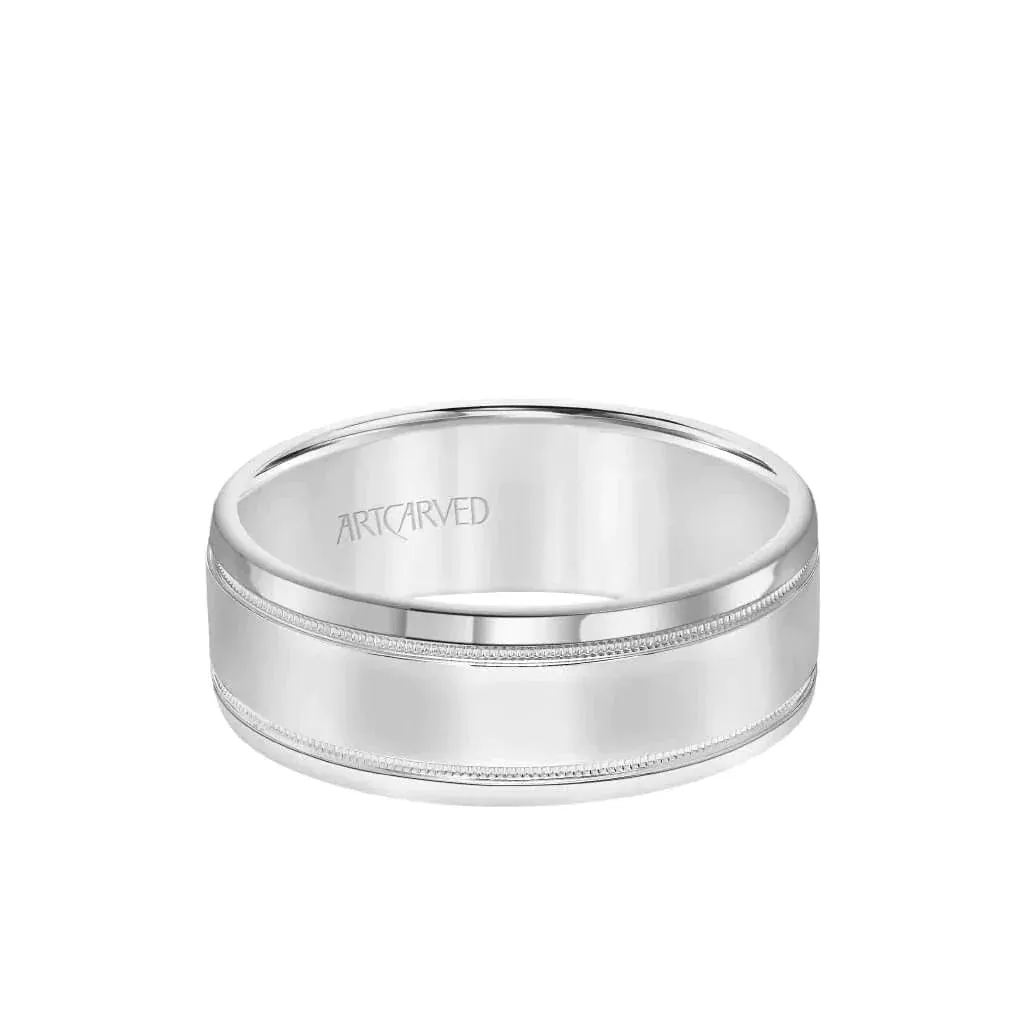 COVENANT 14k White Gold Wedding Band Flat High Polished Center Milgrain Edge Design by Artcarved - 7.5 mm