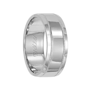 COVENANT 14k White Gold Wedding Band Flat High Polished Center Milgrain Edge Design by Artcarved - 7.5 mm