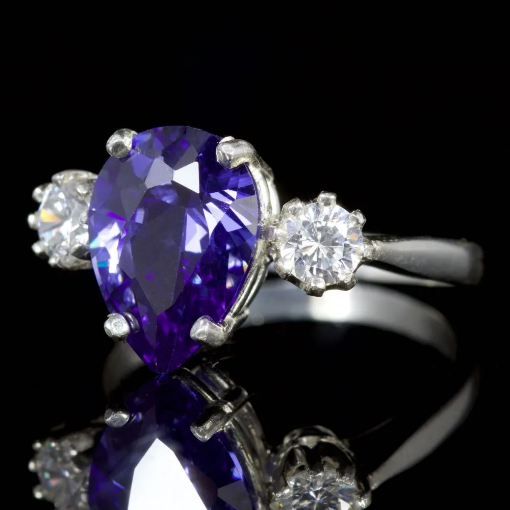 Cz Tanzanite Paste Stone Trilogy Ring Silver Ring