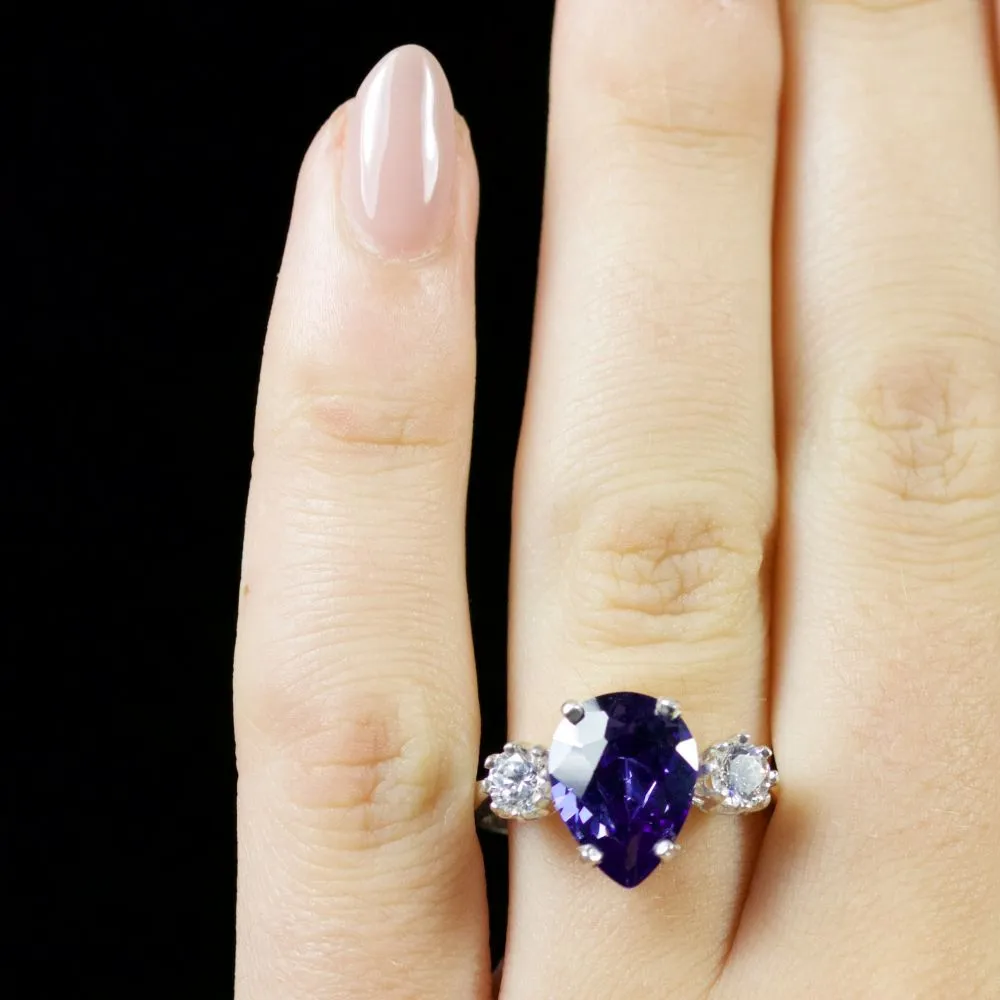 Cz Tanzanite Paste Stone Trilogy Ring Silver Ring