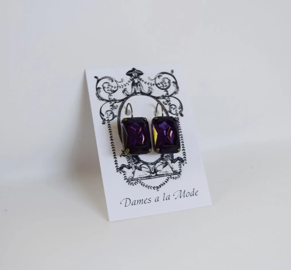 Dark Purple Crystal Earrings - Large Octagon