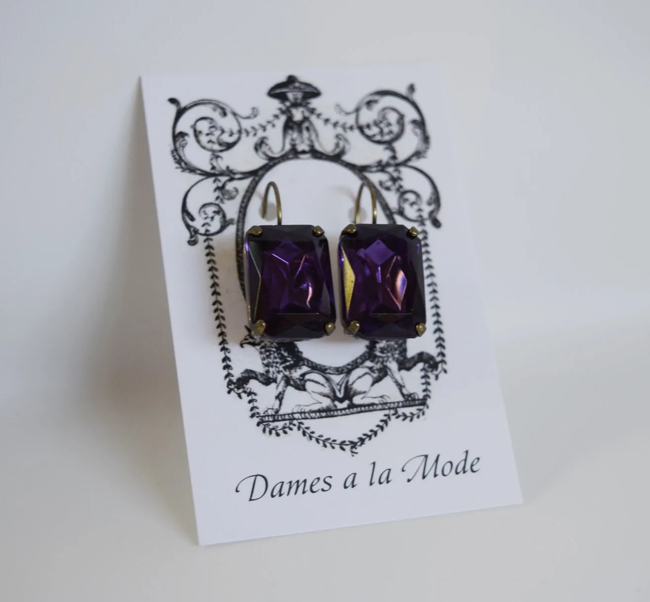 Dark Purple Crystal Earrings - Large Octagon