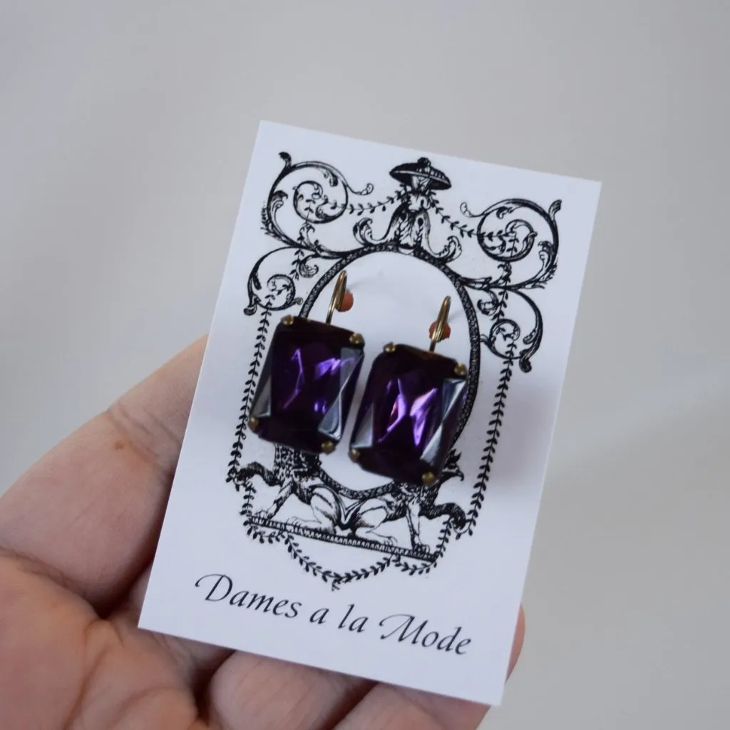 Dark Purple Crystal Earrings - Large Octagon